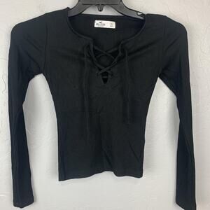 VTG Hollister Shirt Juniors XS Black Ribbed Long Sleeve Lace Up V Neck Slim Top